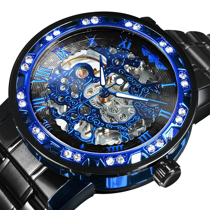 WINNER Transparent Skeleton Watch for Men Mechanical Wristwatches Diamond Watches Mens Luxury Stainless Steel Strap Unisex Clock