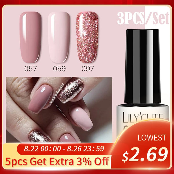LILYCUTE 3 PCS Gel Nail Polish Set Nude Pink Glitter Sequins Matte Effect Gel Long Lasting Base Top Coat Nail Art Design Hybrid