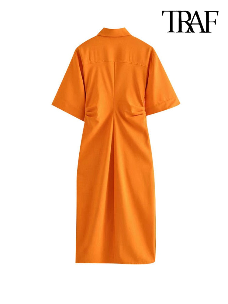 TRAF Women Chic Fashion Button-up Draped Midi Shirt Dress Vintage Short Sleeve Side Zipper Female Dresses Vestidos