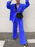 Casual Women&#39;s Shirt Pleated Two Piece Set Green Loose High Waist Wide Leg Pants Suit 2022 Elegant Office Ladies Female Outfits