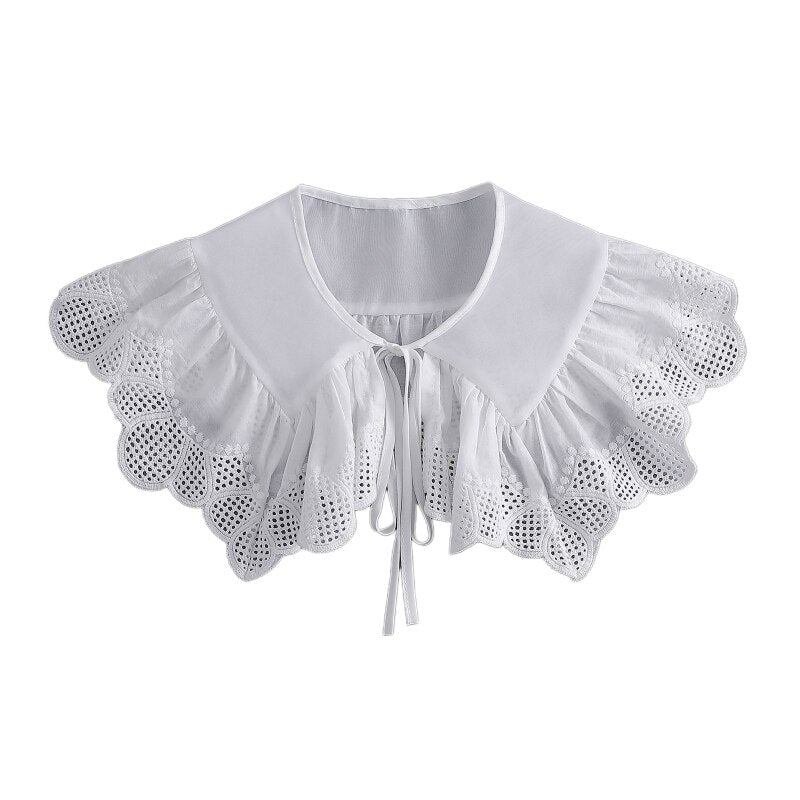 Royal Style Cotton Fake Collar Shawl Wrap Hollow Out Floral Lace Ruffled Trim Necklace Pointed Triangle Lapel Blouse