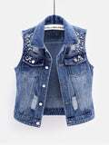 JMPRS Denim Women Vest Luxury Pearls Fashion Ripped Autumn Jeans Jacket Sleeveless Loose Short Coat Causal Waistcoats 5XL