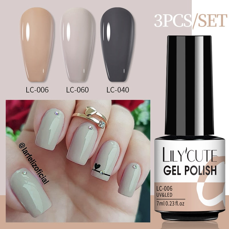 LILYCUTE 3 PCS Gel Nail Polish Set Nude Pink Glitter Sequins Matte Effect Gel Long Lasting Base Top Coat Nail Art Design Hybrid