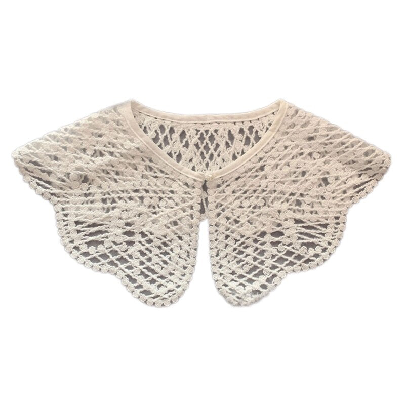 Royal Style Cotton Fake Collar Shawl Wrap Hollow Out Floral Lace Ruffled Trim Necklace Pointed Triangle Lapel Blouse