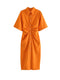 TRAF Women Chic Fashion Button-up Draped Midi Shirt Dress Vintage Short Sleeve Side Zipper Female Dresses Vestidos