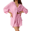 Cotton and Linen suit 2021 Women Solid Clothes Set Half Sleeve Lapel Neck Button-up Shirt+Irregular Hem Drawstring Shorts Sets