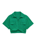 TRAF Women Fashion Front Knot Elastic Linen Cropped Shirts Vintage Short Sleeve Patch Pockets Female Blouses Blusa Chic Tops
