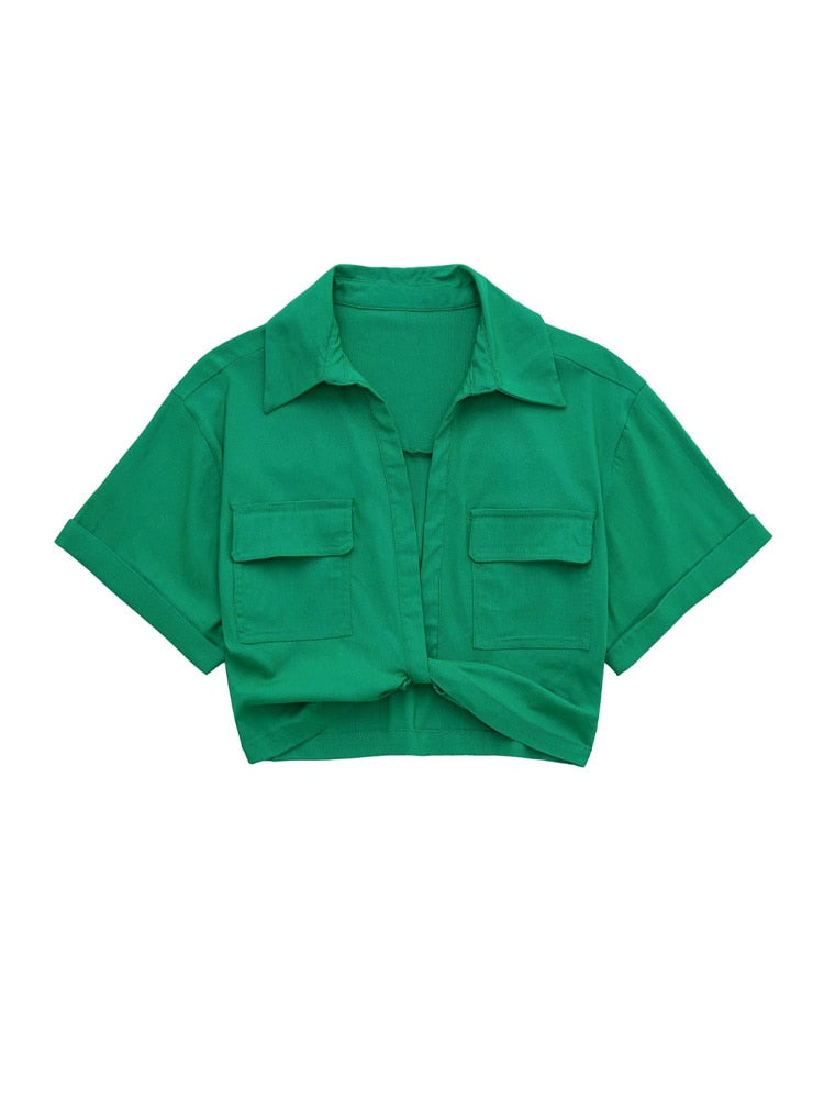 TRAF Women Fashion Front Knot Elastic Linen Cropped Shirts Vintage Short Sleeve Patch Pockets Female Blouses Blusa Chic Tops