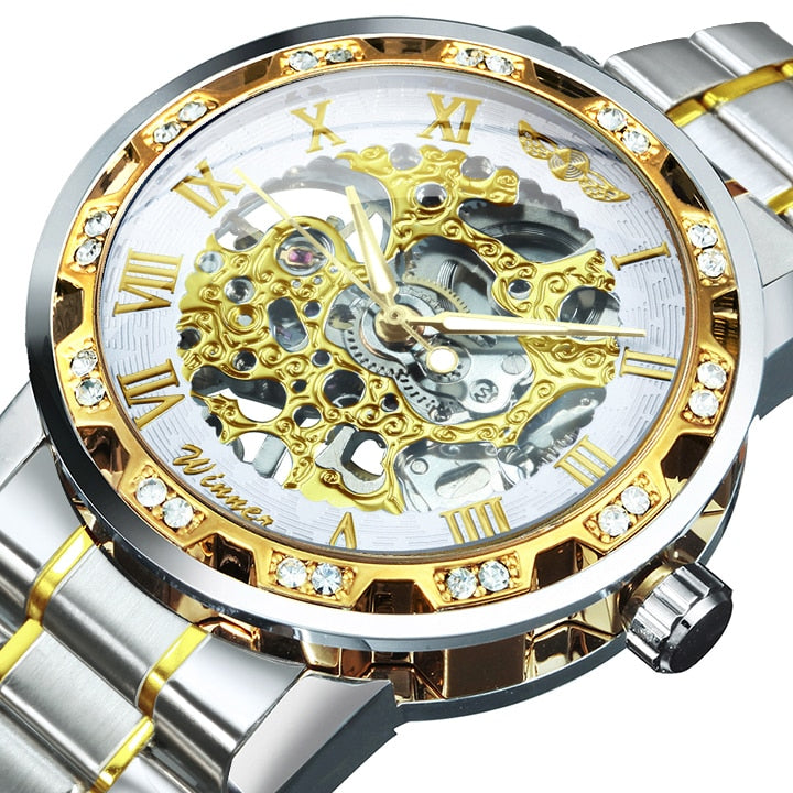 WINNER Transparent Skeleton Watch for Men Mechanical Wristwatches Diamond Watches Mens Luxury Stainless Steel Strap Unisex Clock