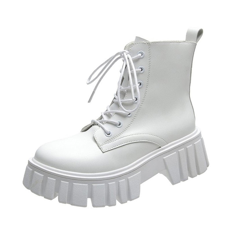 Rimocy 2022 New Women White Ankle Boots PU Leather Thick Sole Lace Up Combat Booties Female Autumn Winter Platform Shoes Woman