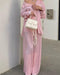 Ladies Shirt Suits Pleated Notched Single-Breasted Female Cardigan Two-Piece Loose Shirts and High-Waist Wide-Leg Pants Sets