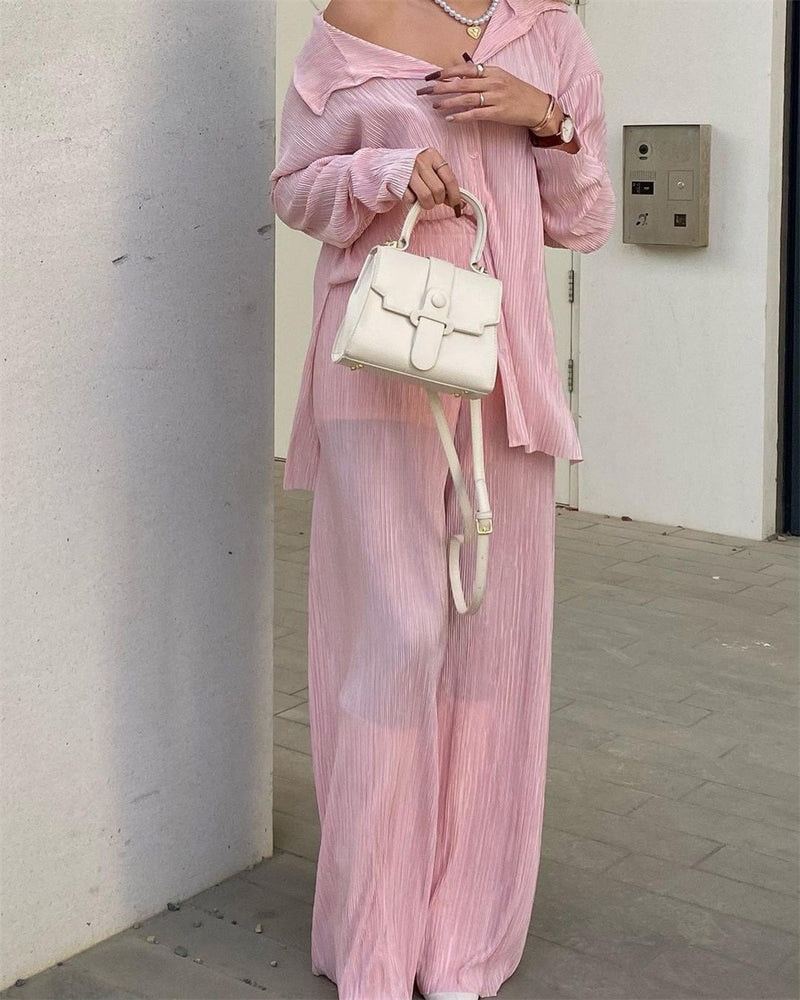 Ladies Shirt Suits Pleated Notched Single-Breasted Female Cardigan Two-Piece Loose Shirts and High-Waist Wide-Leg Pants Sets