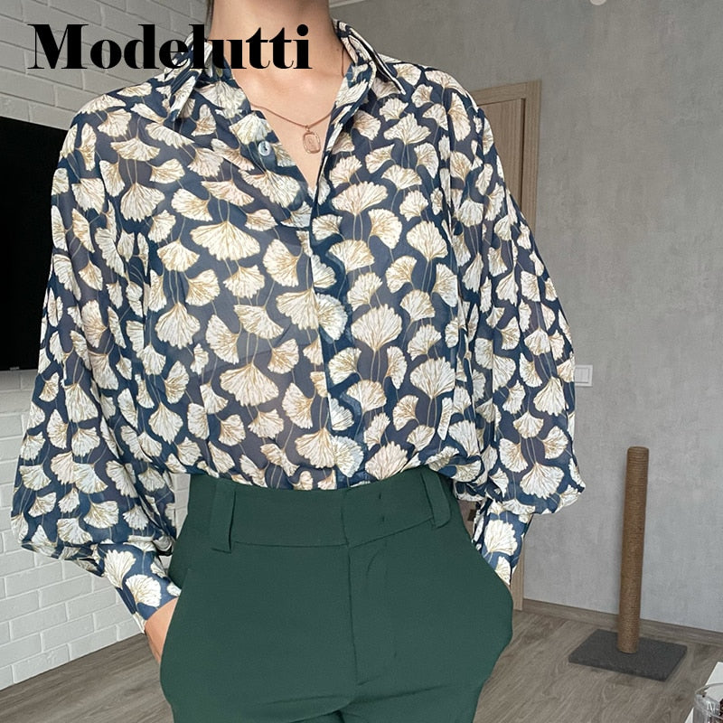 Modelutti Autumn Blouse Women England Style Cozy Fashion Elegant Leaf Printing Loose Silk Loose Blusas Mujer De Moda Shirt Tops
