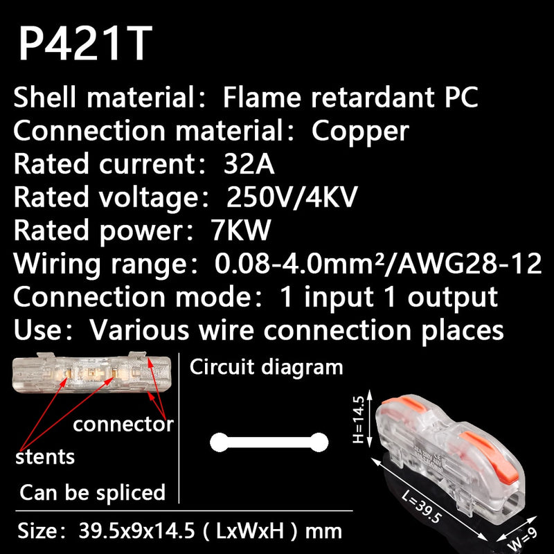 Mini Fast Wire Cable Connectors Universal Compact Conductor Spring Splicing Wiring Connector Push-in Terminal Block P421 F12