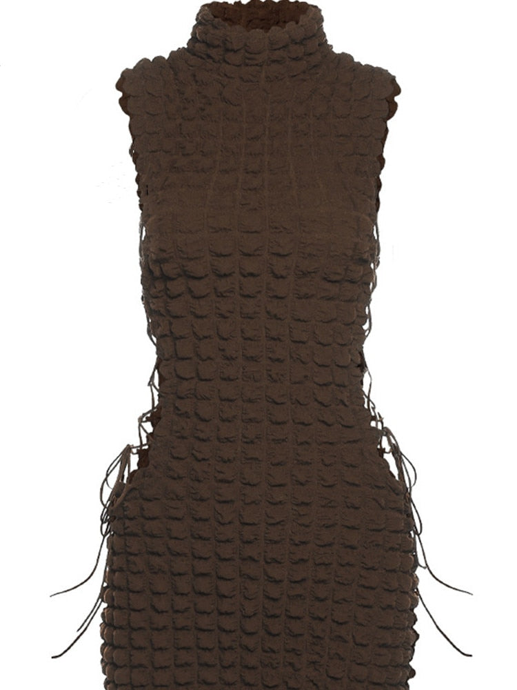 Kliou Stunning Stacked Mini Dress Women Sexy Solid Mock Neck Sleeveless Draw String Bodycon Party Clubwear Elegant Female Skirt