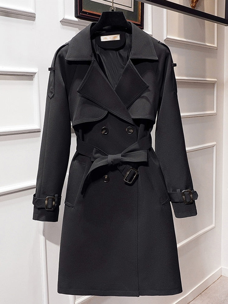 Aelegantmis Women Casual Long Trench Coat With Sashes Double Breasted Women's Windbreaker 2022 Chic Office Coat Ladies Outerwear