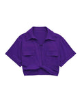 TRAF Women Fashion Front Knot Elastic Linen Cropped Shirts Vintage Short Sleeve Patch Pockets Female Blouses Blusa Chic Tops