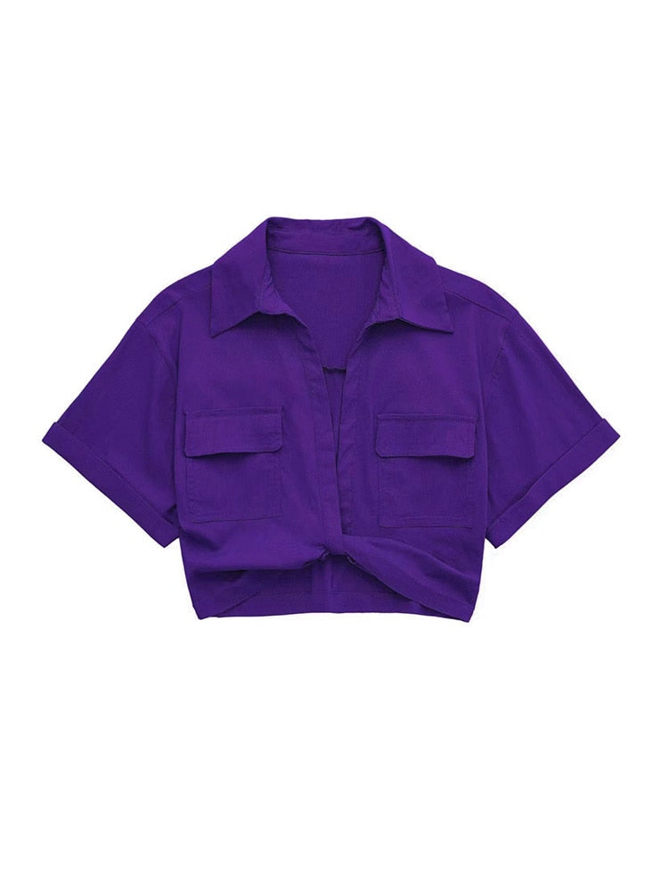 TRAF Women Fashion Front Knot Elastic Linen Cropped Shirts Vintage Short Sleeve Patch Pockets Female Blouses Blusa Chic Tops