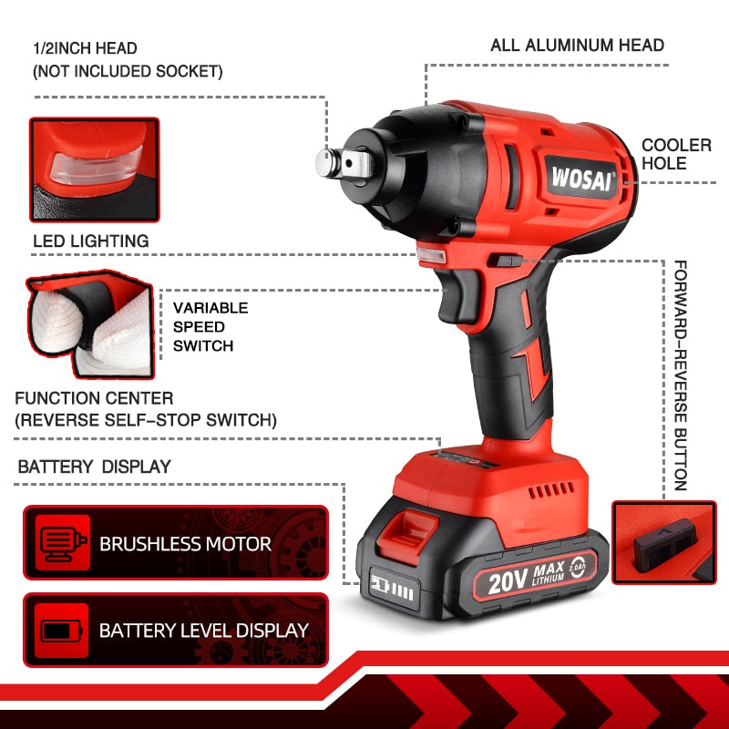 WOSAI 20V Electric Impact Wrench 600N.m Brushless Wrench Rechargeable 1/2 inch Li-ion Battery For Car Tires Cordless Power Tools