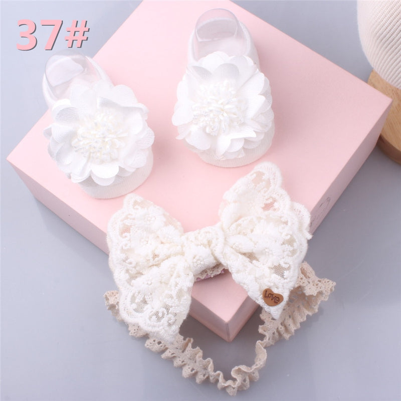 Lovely Pearl Bows Newborn Baby Girl Headband Socks Set Lace Flower Baby Hair Band Turban Baby Little Girl Hair Accessories