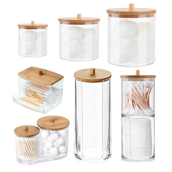 Acrylic Makeup Organizer Cotton Pad Storage Box For Cotton Swabs Rod Cosmetics Jewelry Organizer with Bamboo Lid Repacking Boxes