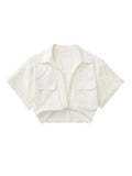 TRAF Women Fashion Front Knot Elastic Linen Cropped Shirts Vintage Short Sleeve Patch Pockets Female Blouses Blusa Chic Tops