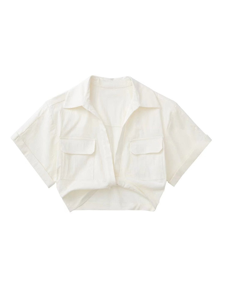 TRAF Women Fashion Front Knot Elastic Linen Cropped Shirts Vintage Short Sleeve Patch Pockets Female Blouses Blusa Chic Tops