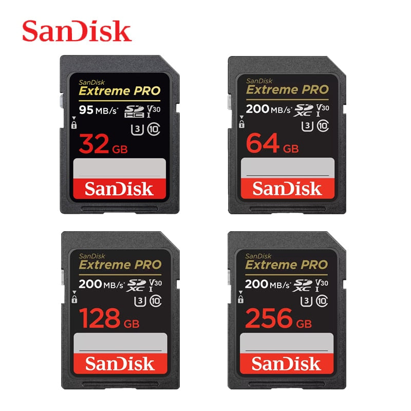SanDisk Extreme PRO SD Card 32G 64G 128G 256G SDHC SDXC UHS-I C10 95MB/s-200MB/s U3 Memory Card Support V30 4K for Camera/DV/SLR
