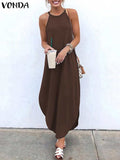 Printed Maxi Dresses VONDA Bohemian Sexy Sleeveless Sundress Women Causal Halter Summer Beach Dress Asymmetric Long Dresses