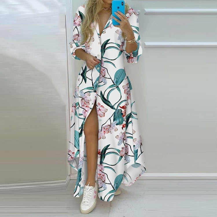 2022 New Long Shirt Dress Women Single Breasted Button Lapel Long Sleeve Dress Spring Summer Letter Print Oversized Robe Dresses