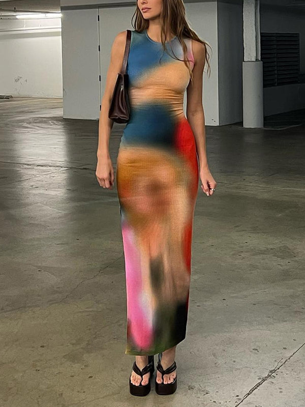 Sleeveless Backless Maxi Dress Women 2022 Summer Bodycon Elegant Sexy Tie Dye Outfits Ladies Birthday Party Club Sundress