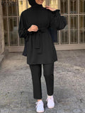 Women Autumn Blouses ZANZEA Fashion Muslim Sets Long Sleeve Turkish Blouses Pants Abaya Solid Islamic Clothing 2PCS Oversized