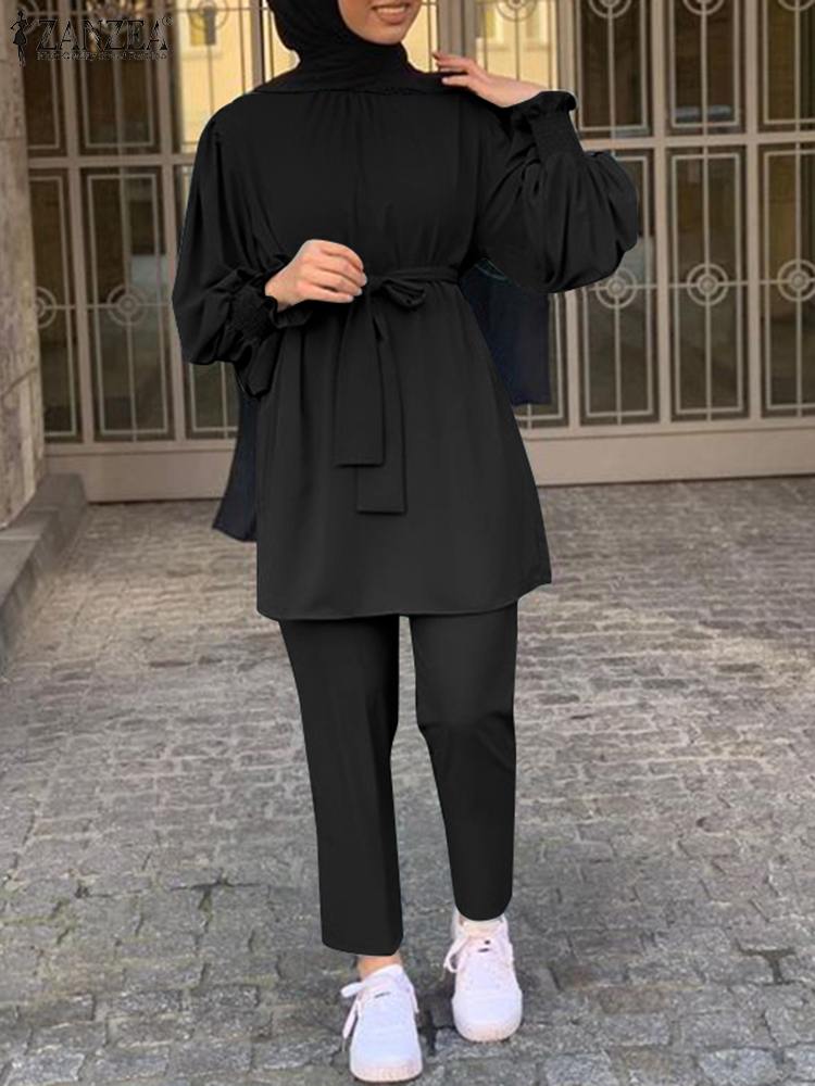 Women Autumn Blouses ZANZEA Fashion Muslim Sets Long Sleeve Turkish Blouses Pants Abaya Solid Islamic Clothing 2PCS Oversized