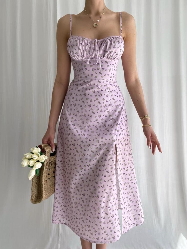 Chicology 2022 Summer Women Dress Small Floral Side Slit Sexy Sling French Slim Light Breathable Sleeveless Festival Dresses