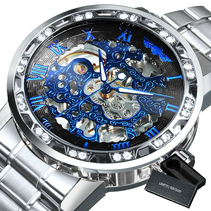 WINNER Transparent Skeleton Watch for Men Mechanical Wristwatches Diamond Watches Mens Luxury Stainless Steel Strap Unisex Clock