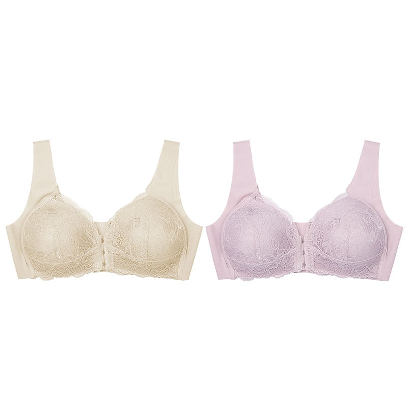 2PCS Sexy Front Closure Bralette Lace Plus Size Bra Push Up Underwear Crop Top M-5XL Seamless Brassiere Female Lingerie