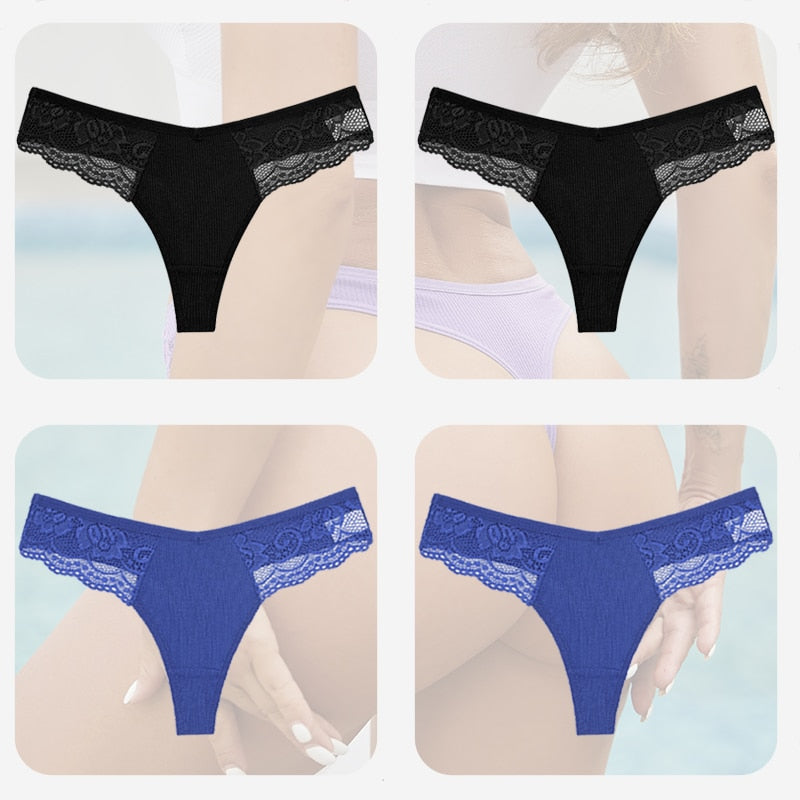 4PCS/Set Sexy Women Cotton Panties Lace Thong Underwear for Female Intimates Lingerie T-Back Floral Hollow Out Plus Size Panties