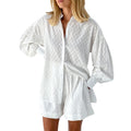 Cotton and Linen suit 2021 Women Solid Clothes Set Half Sleeve Lapel Neck Button-up Shirt+Irregular Hem Drawstring Shorts Sets