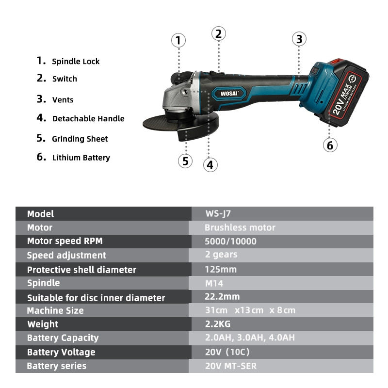 WOSAI M14 Cordless Angle Grinder 20V Lithium-Ion Grinding Machine Cutting Electric Angle Grinder Grinding Brushless Power Tool