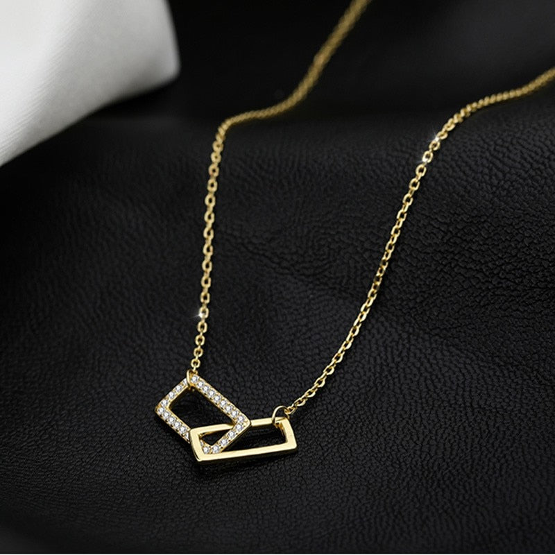 Exquisite Crystal Hollow Double Square Necklace Pendant Clavicle Chain Korean Choker Ins