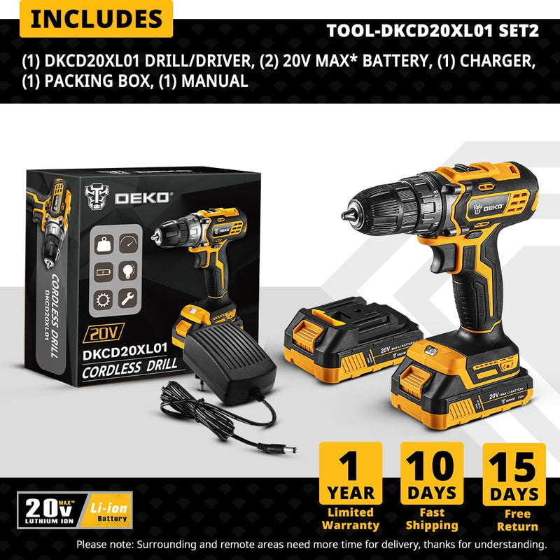 DEKO 20V MAX Cordless Drill Power Tools Wireless Drills Rechargeable Drill Set for Electric Screwdriver Battery Driller Tool