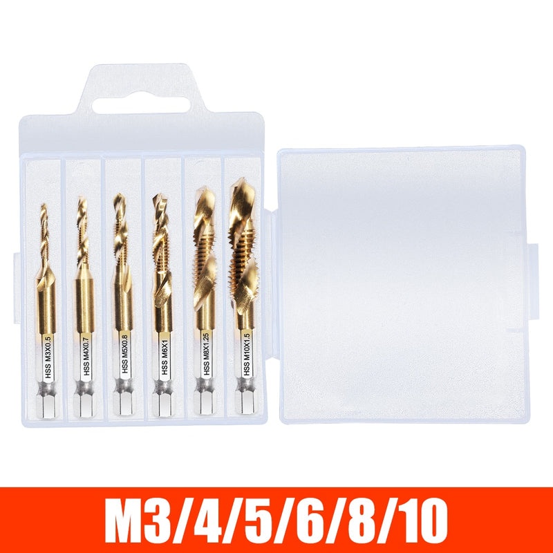 M3 M4 M5 M6 M8 M10 Tap Drill Titanium Plated Hex Shank HSS Screw Machine Compound Hand Tools Metric Thread Tap Drill Bits Set