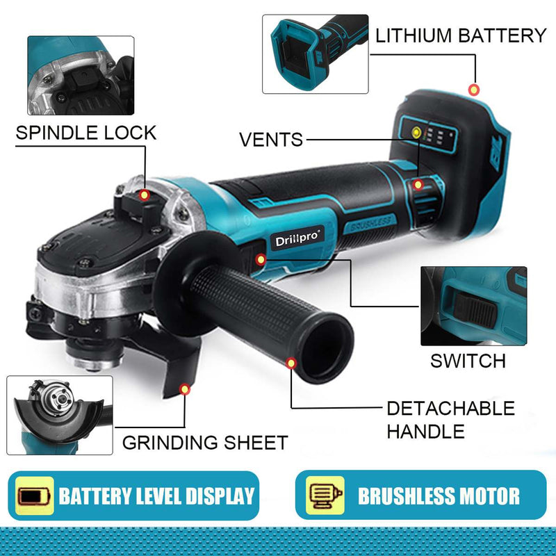 Drillpro 18V 125/100mm Brushless Impact  Angle Grinder Cordless Cutting Machine Polisher Power Tools compatible Makita Battery