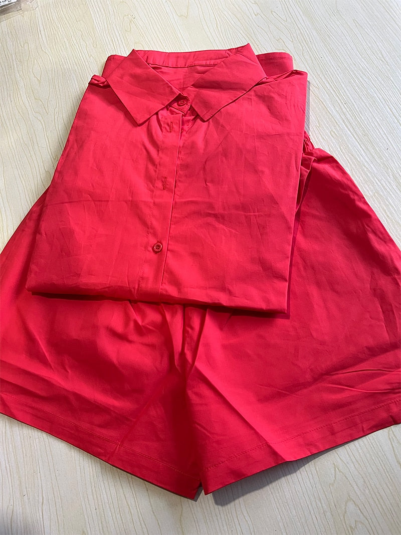 Women Tracksuits Shirt With Mini Shorts Cotton Two Pieces Sets Fashion Clothing Outfits Women Blouses Fashion Tracksuits