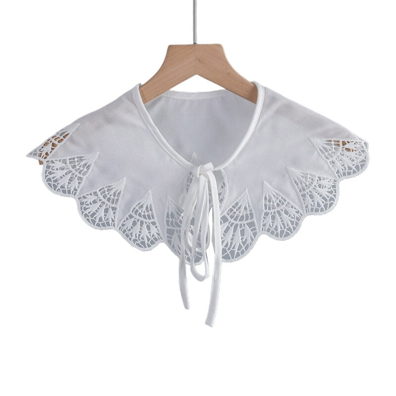 Royal Style Cotton Fake Collar Shawl Wrap Hollow Out Floral Lace Ruffled Trim Necklace Pointed Triangle Lapel Blouse