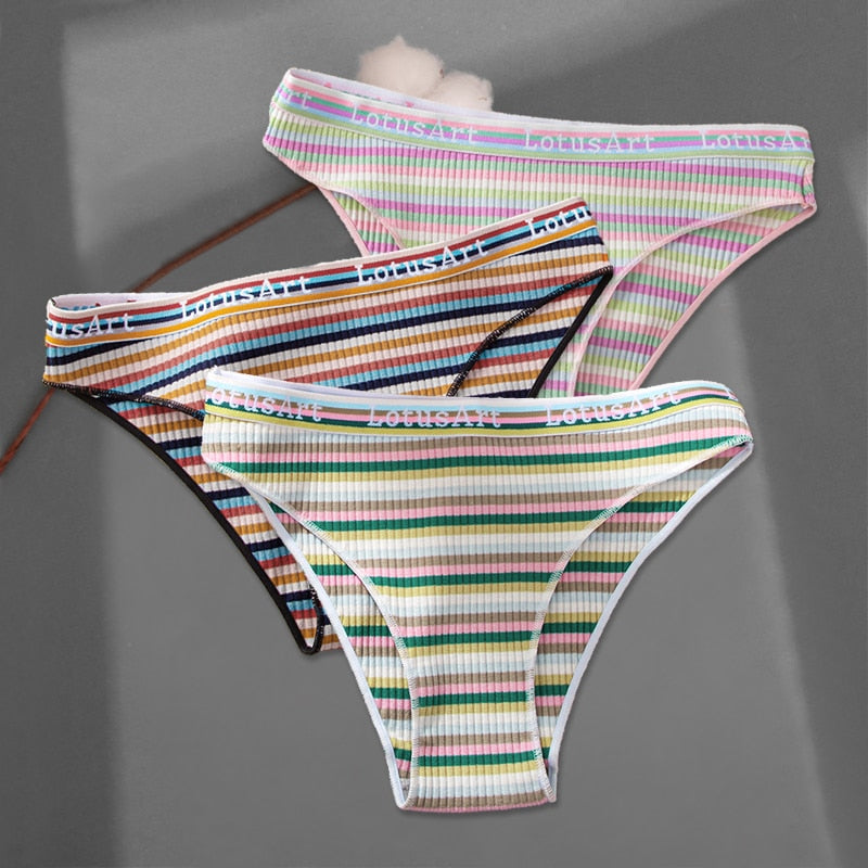FINETOO 3Pcs/Set Colorful Stripes Panties Women&