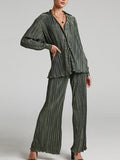 Ladies Shirt Suits Pleated Notched Single-Breasted Female Cardigan Two-Piece Loose Shirts and High-Waist Wide-Leg Pants Sets