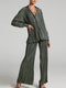 Ladies Shirt Suits Pleated Notched Single-Breasted Female Cardigan Two-Piece Loose Shirts and High-Waist Wide-Leg Pants Sets