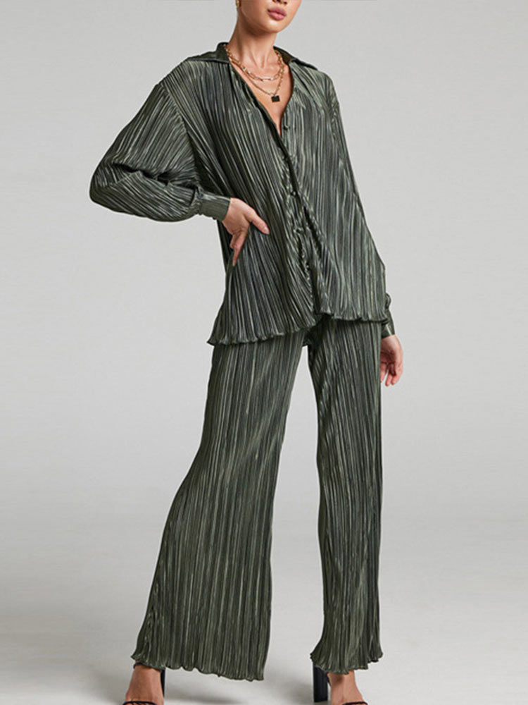 Ladies Shirt Suits Pleated Notched Single-Breasted Female Cardigan Two-Piece Loose Shirts and High-Waist Wide-Leg Pants Sets