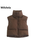 Willshela Women Fashion High Neck Cropped Waistcoat Puff Vest Casual Woman Sleeveless Jacket Chic Lady Winter Warm Outfits